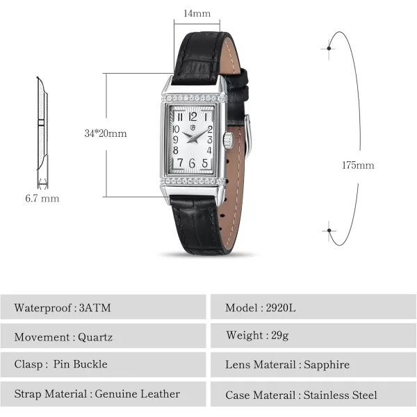 BERNY Quartz Watch for Women Dainty Rectangular Wristwatch Arabic Numerals Dial Genuine Leather Strap Fashion Ladies Wrist Watch 3ATM WaterproofWhite