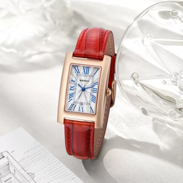 BERNY Rectangular Quartz Watch with for Women Classic Roman Numeral Markers Ladies Casual Analog Wristwatch with Date Calendar Waterproof Genuine Leather Strap2912LRDFBA