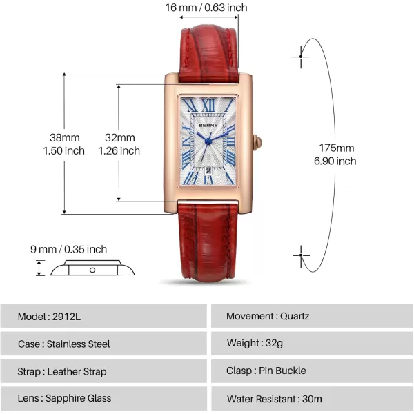 BERNY Rectangular Quartz Watch with for Women Classic Roman Numeral Markers Ladies Casual Analog Wristwatch with Date Calendar Waterproof Genuine Leather Strap2912LRDFBA