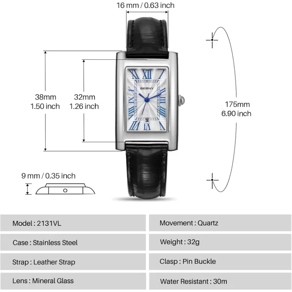 BERNY Rectangular Quartz Watch with for Women Classic Roman Numeral Markers Ladies Casual Analog Wristwatch with Date Calendar Waterproof Genuine Leather StrapBlack