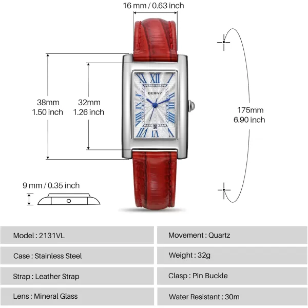 BERNY Rectangular Quartz Watch with for Women Classic Roman Numeral Markers Ladies Casual Analog Wristwatch with Date Calendar Waterproof Genuine Leather StrapRed