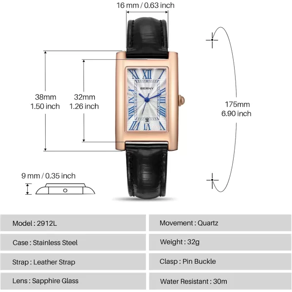 BERNY Rectangular Quartz Watch with for Women Classic Roman Numeral Markers Ladies Casual Analog Wristwatch with Date Calendar Waterproof Genuine Leather Strap2912LAFBA