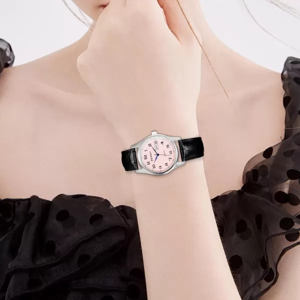 BERNY Watch for Women Arabic Numerals Easy to Read Leather Quick Release Band Quartz Watch Day Date Analog Dress Womens Wrist Watch Pink Dial