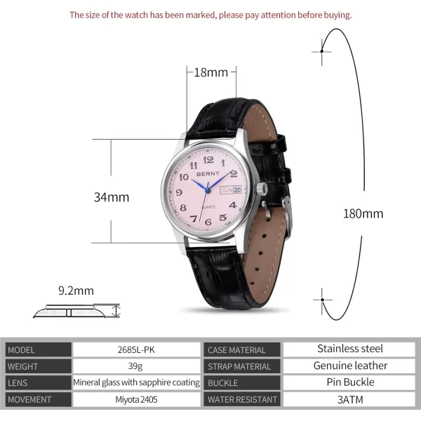 BERNY Watch for Women Arabic Numerals Easy to Read Leather Quick Release Band Quartz Watch Day Date Analog Dress Womens Wrist Watch Pink Dial