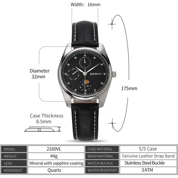 BERNY Womens MultiFunction Watch with Calendar and Moon Phase Watch  Stainless Steel Case and Leather BandBlack