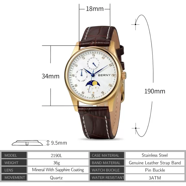 BERNY Womens MultiFunction Watch with Calendar and Moon Phase Watch  Stainless Steel Case and Leather BandGold