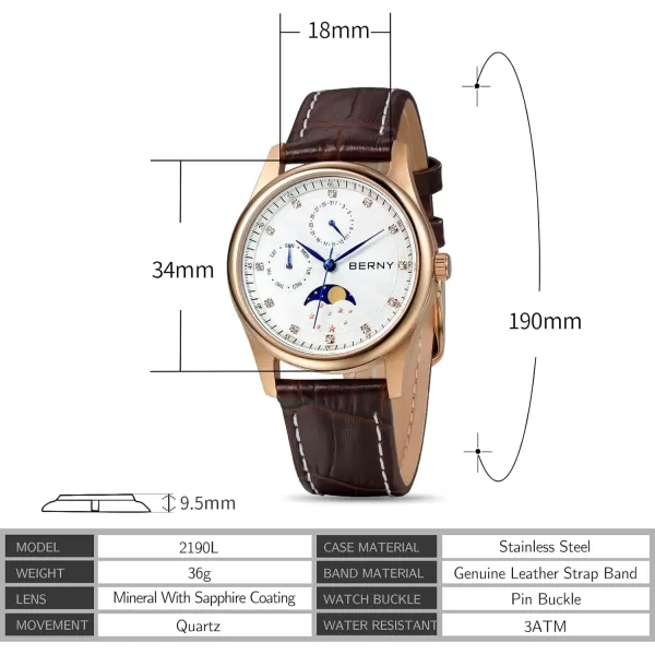 BERNY Womens MultiFunction Watch with Calendar and Moon Phase Watch  Stainless Steel Case and Leather BandRose Gold