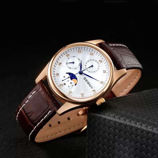 BERNY Womens MultiFunction Watch with Calendar and Moon Phase Watch  Stainless Steel Case and Leather BandRose Gold