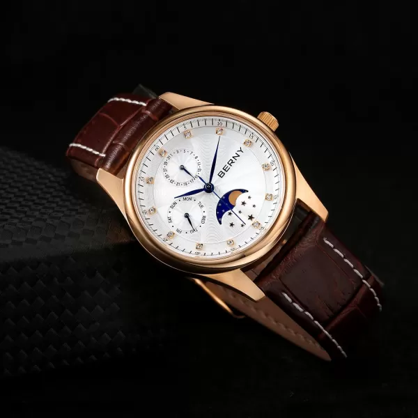 BERNY Womens MultiFunction Watch with Calendar and Moon Phase Watch  Stainless Steel Case and Leather BandRose Gold