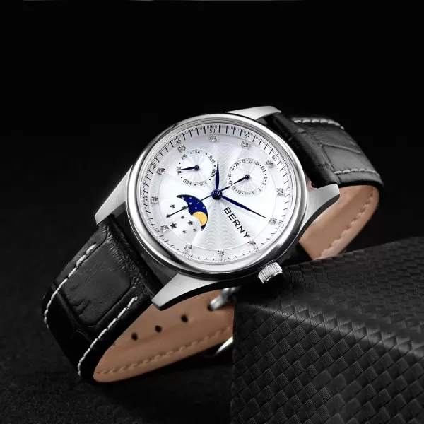 BERNY Womens MultiFunction Watch with Calendar and Moon Phase Watch  Stainless Steel Case and Leather BandWhite