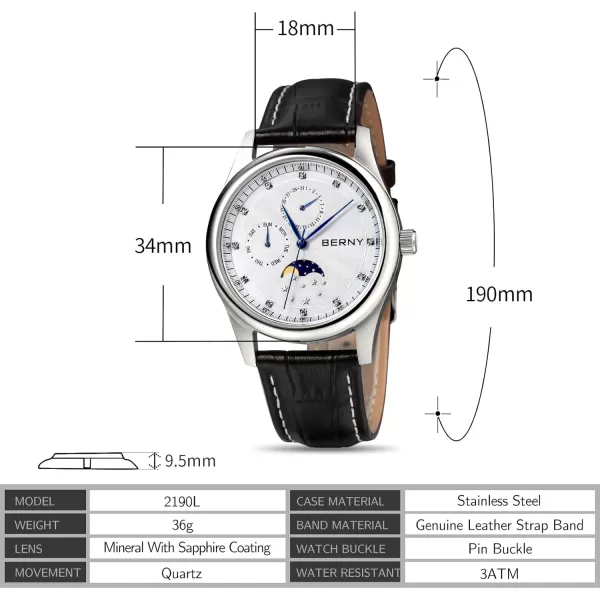 BERNY Womens MultiFunction Watch with Calendar and Moon Phase Watch  Stainless Steel Case and Leather BandWhite