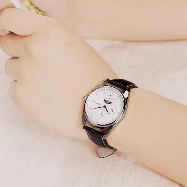 BERNY Womens MultiFunction Watch with Calendar and Moon Phase Watch  Stainless Steel Case and Leather BandWhite