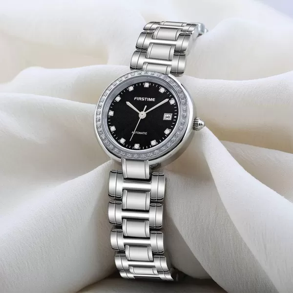 BERNY Womens Stainless Steel Automatic Watch DiamondAccented Bracelet Elegant Watchblack