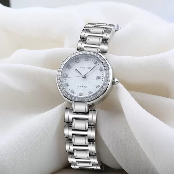 BERNY Womens Stainless Steel Automatic Watch DiamondAccented Bracelet Elegant Watchwhite