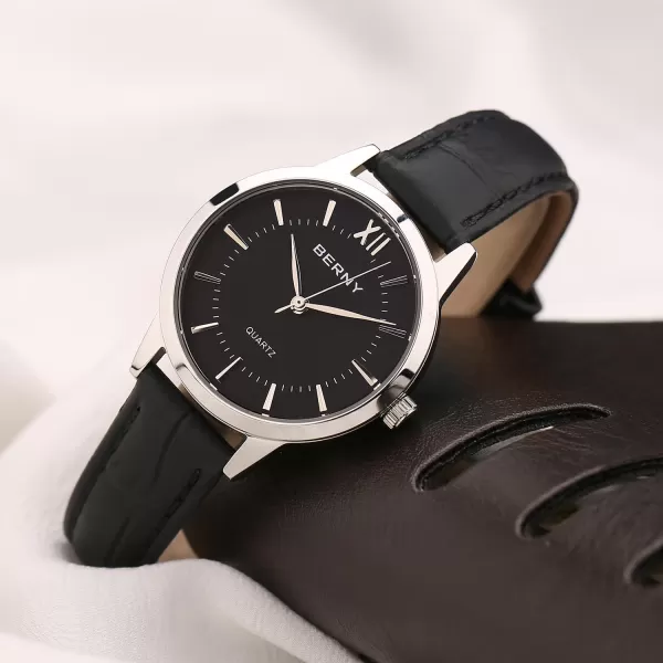 BERNY Womens Watch Classic Simple Vintage Quartz Analog Ladies Watches Minimalist Business Wristwatch Black Leather Band Black Easy Read Dial