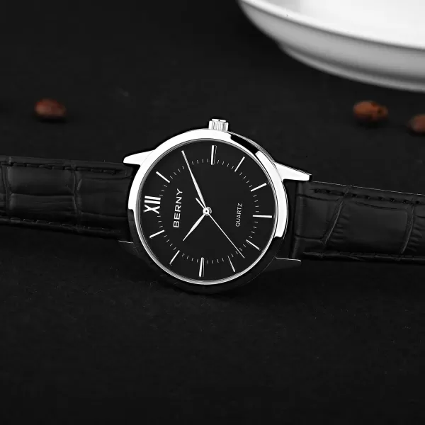 BERNY Womens Watch Classic Simple Vintage Quartz Analog Ladies Watches Minimalist Business Wristwatch Black Leather Band Black Easy Read Dial