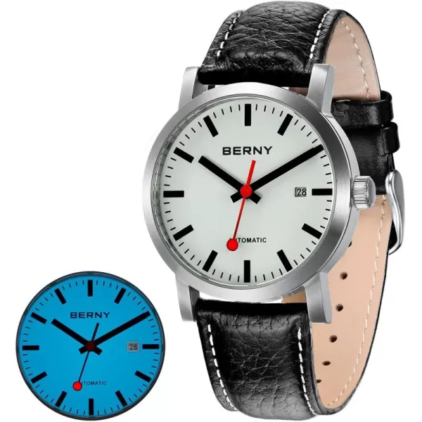 BERNY Classic Automatic Watch for Men Mechanical Self Wind Wristwatch MIYOTA 8215 Movement Stainless Steel Strap 5ATM Waterproof Full Luminous Dial Sapphire Glass Railroad WatchesWhite Leather