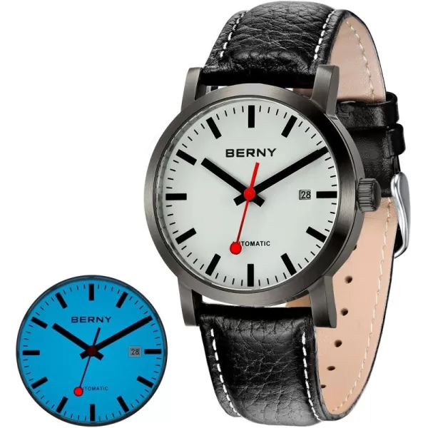 BERNY Classic Automatic Watch for Men Mechanical Self Wind Wristwatch MIYOTA 8215 Movement Stainless Steel Strap 5ATM Waterproof Full Luminous Dial Sapphire Glass Railroad WatchesBlack Leather