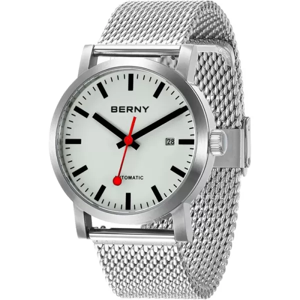 BERNY Classic Automatic Watch for Men Mechanical Self Wind Wristwatch MIYOTA 8215 Movement Stainless Steel Strap 5ATM Waterproof Full Luminous Dial Sapphire Glass Railroad WatchesWhite