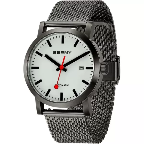 BERNY Classic Automatic Watch for Men Mechanical Self Wind Wristwatch MIYOTA 8215 Movement Stainless Steel Strap 5ATM Waterproof Full Luminous Dial Sapphire Glass Railroad WatchesBlack