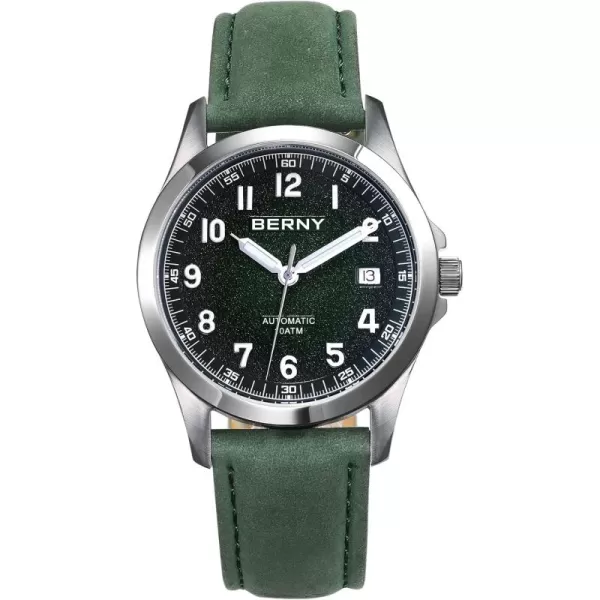 BERNY Easy Reader Automatic Watch for Men Seagull ST2130 Mechanical Wristwatches Leather Strap Luminous Waterproof 10ATM Sapphire Glass Scratch Resistant Mens WatchesGreen