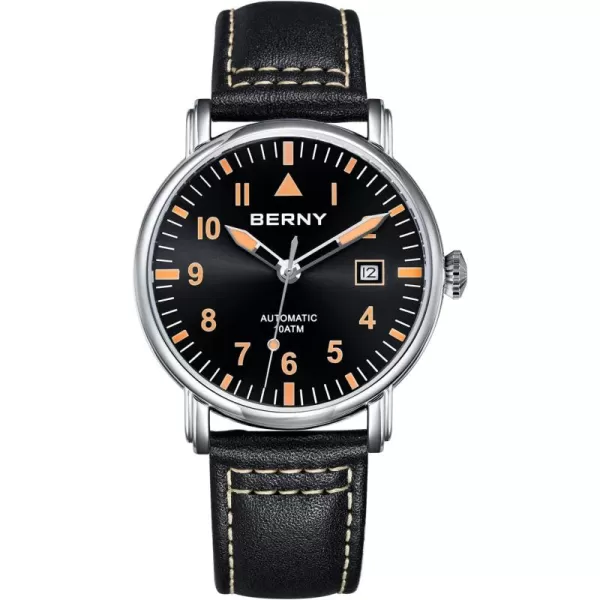 BERNY Mechanical Automatic Watch for Men Self Winding Leather Strap Classic Pilot Wristwatches Waterproof 10ATM Sapphire Glass Scratch Resistant Super LuminousBlack