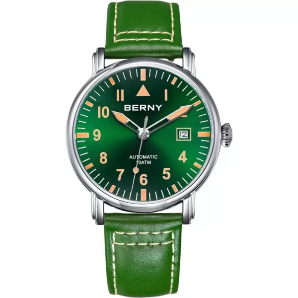 BERNY Mechanical Automatic Watch for Men Self Winding Leather Strap Classic Pilot Wristwatches Waterproof 10ATM Sapphire Glass Scratch Resistant Super LuminousGreen