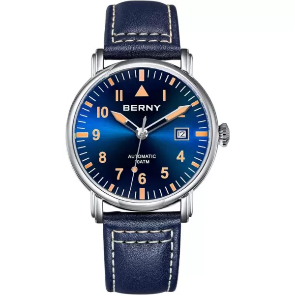 BERNY Mechanical Automatic Watch for Men Self Winding Leather Strap Classic Pilot Wristwatches Waterproof 10ATM Sapphire Glass Scratch Resistant Super LuminousBlue