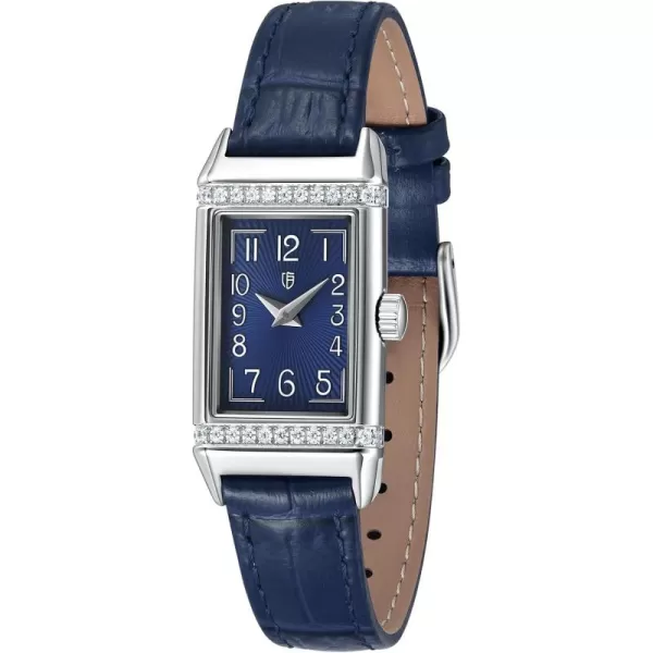 BERNY Quartz Watch for Women Dainty Rectangular Wristwatch Arabic Numerals Dial Genuine Leather Strap Fashion Ladies Wrist Watch 3ATM WaterproofBlue