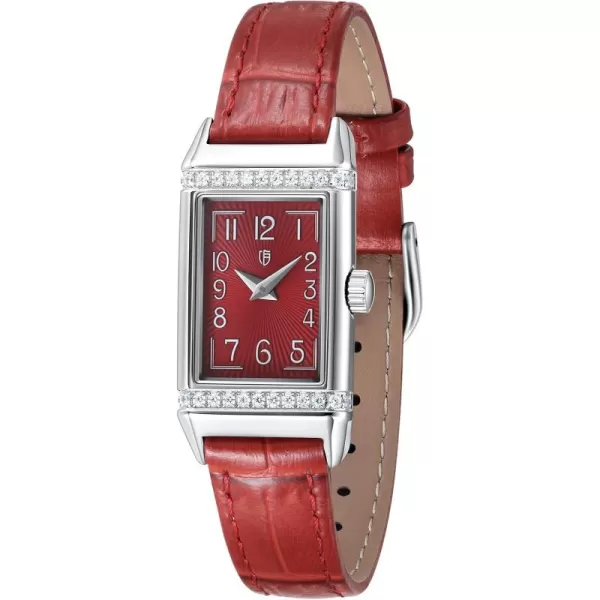 BERNY Quartz Watch for Women Dainty Rectangular Wristwatch Arabic Numerals Dial Genuine Leather Strap Fashion Ladies Wrist Watch 3ATM WaterproofRed