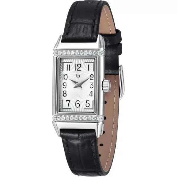 BERNY Quartz Watch for Women Dainty Rectangular Wristwatch Arabic Numerals Dial Genuine Leather Strap Fashion Ladies Wrist Watch 3ATM WaterproofWhite