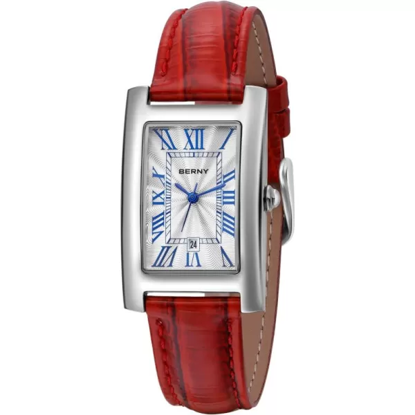 BERNY Rectangular Quartz Watch with for Women Classic Roman Numeral Markers Ladies Casual Analog Wristwatch with Date Calendar Waterproof Genuine Leather StrapRed