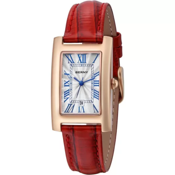 BERNY Rectangular Quartz Watch with for Women Classic Roman Numeral Markers Ladies Casual Analog Wristwatch with Date Calendar Waterproof Genuine Leather Strap2912LRDFBA