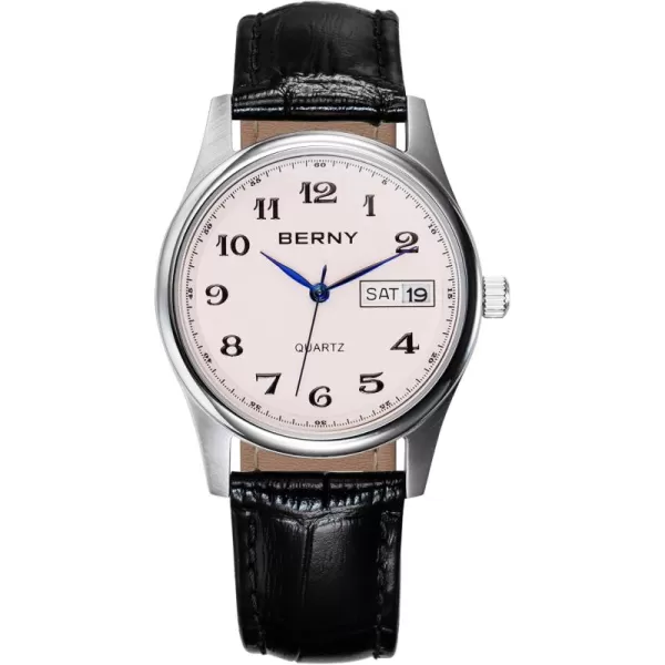 BERNY Watch for Women Arabic Numerals Easy to Read Leather Quick Release Band Quartz Watch Day Date Analog Dress Womens Wrist Watch Pink Dial