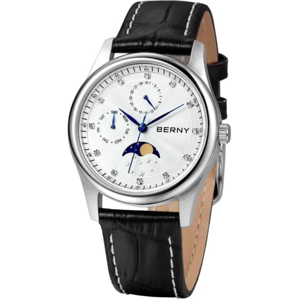 BERNY Womens MultiFunction Watch with Calendar and Moon Phase Watch  Stainless Steel Case and Leather BandWhite