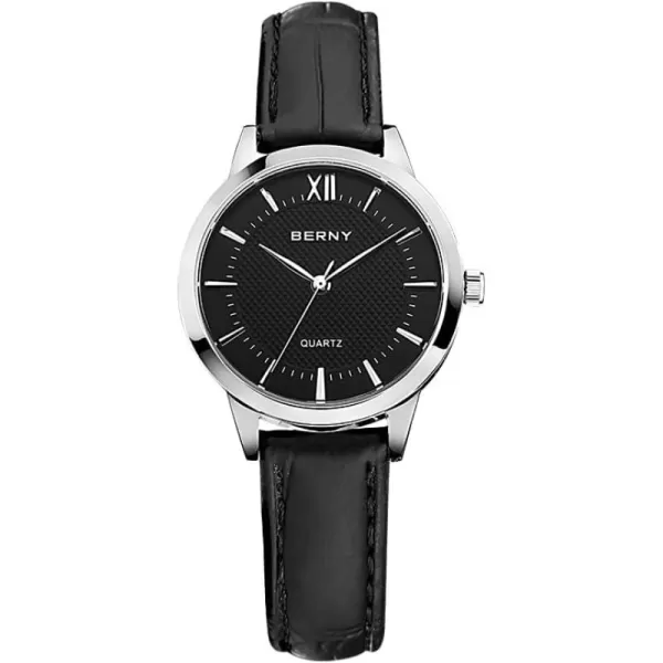 BERNY Womens Watch Classic Simple Vintage Quartz Analog Ladies Watches Minimalist Business Wristwatch Black Leather Band Black Easy Read Dial