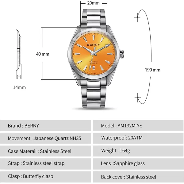 BERNY Automatic Watch for Men NH35 Movement Mechanical Watches with Screwin Crown 20ATM Waterproof Sapphire Glass Stainless Steel Wristwatch Super LuminousYellow