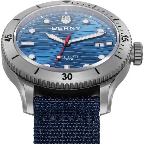 BERNY Dive Watch for Men Automatic Watch 20ATM Waterpoof Sport Mechanical Wristwatch HV600 Hardness Sapphire Glass Diving Swimming Mens Watch Super LuminousBlueNylon