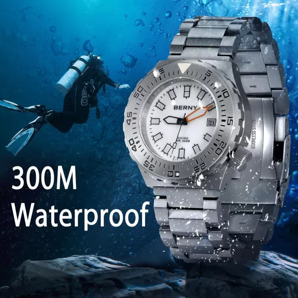 BERNY Dive Watch for Men Sports Diving Wristwatch with Screwin Crown 30ATM Waterproof Sapphire Glass Solid Stainless Steel Bracelet Automatic Mechanical Pro Diver Watches Super LuminousWhite