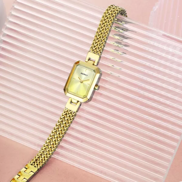 BERNY Gold Watch for Women Dainty Quartz Bracelet Watch Ladies Rectangle Mini Wrist Watches Small Fashion 3ATM Waterproof All Stainless Steel Detachable Watch BandGold