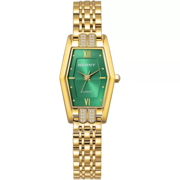 BERNY Gold Watches for Women Dainty Hexagon Ladies Quartz Wrist Watches Stainless Steel Band Fashion Analog Watch Luxury BraceletGreenFBM