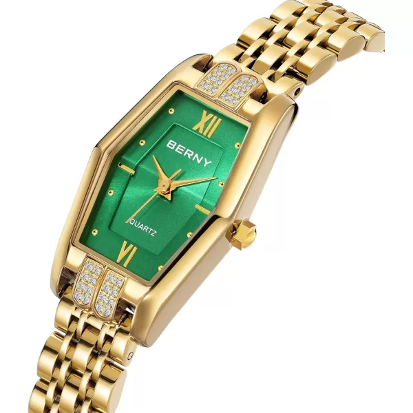 BERNY Gold Watches for Women Dainty Hexagon Ladies Quartz Wrist Watches Stainless Steel Band Fashion Analog Watch Luxury BraceletGreenFBM