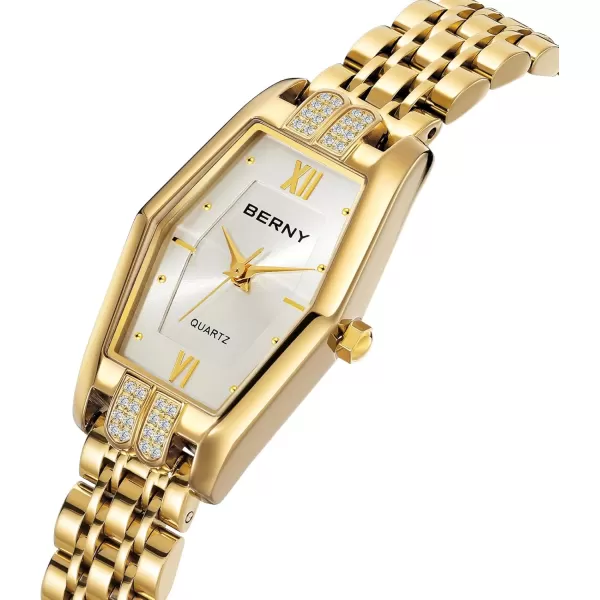 BERNY Gold Watches for Women Dainty Hexagon Ladies Quartz Wrist Watches Stainless Steel Band Fashion Analog Watch Luxury BraceletWhite