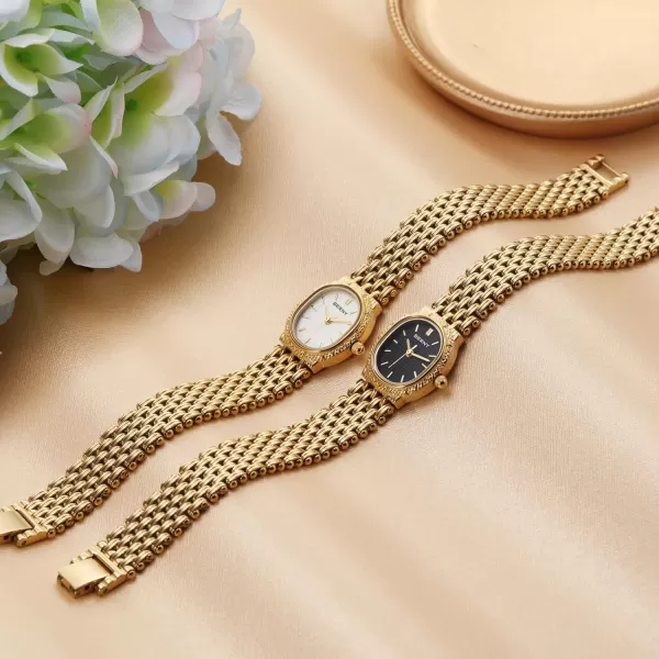 BERNY Gold Watches for Women Vintage Bracelet Wrist Watch Luxury Small Ladies Oval Quartz Watch with Tools IncludedBlack