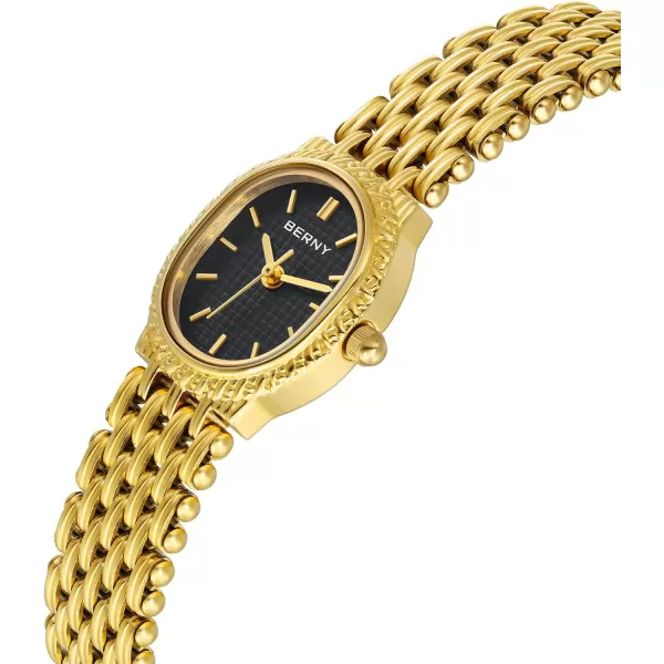 BERNY Gold Watches for Women Vintage Bracelet Wrist Watch Luxury Small Ladies Oval Quartz Watch with Tools IncludedBlack