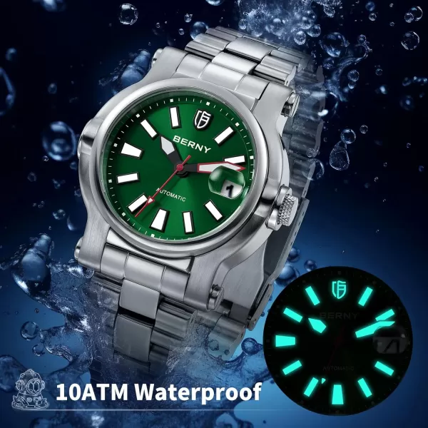 BERNY Men Automatic Watch Watches Sapphire Lens 10ATM Waterpoof Stainless Steel Wristwatch Swimming Diving Watches with Date Aperture Super LuminousGreen