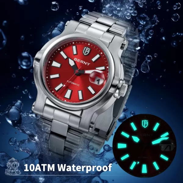 BERNY Men Automatic Watch Watches Sapphire Lens 10ATM Waterpoof Stainless Steel Wristwatch Swimming Diving Watches with Date Aperture Super LuminousRed