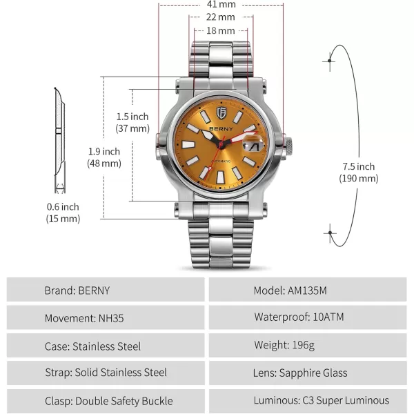 BERNY Men Automatic Watch Watches Sapphire Lens 10ATM Waterpoof Stainless Steel Wristwatch Swimming Diving Watches with Date Aperture Super LuminousYellow