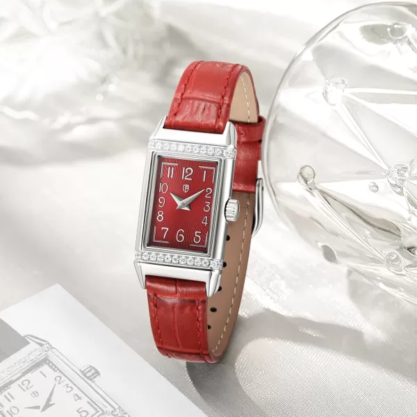 BERNY Quartz Watch for Women Dainty Rectangular Wristwatch Arabic Numerals Dial Genuine Leather Strap Fashion Ladies Wrist Watch 3ATM WaterproofRed