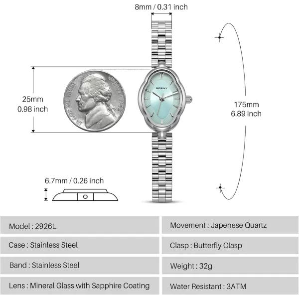 BERNY Silver Watches for Women Dainty Ladies Wristwatch Vintage Copper Mirrors Shape Japanese Quartz Movement 3ATM Waterproof All Stainless Steel Fashion Female Wrist Watch Birthday GiftsBlue